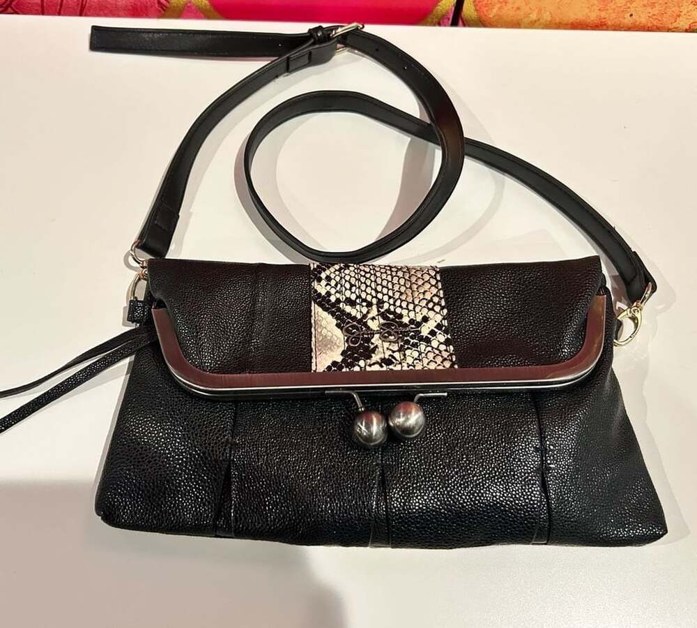 Jessica Simpson Black Faux Snake Fold Over Clutch Crossbody Purse with Silver Ac